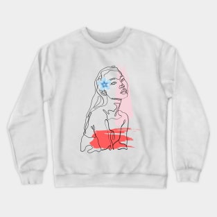 Abstract face with blue flower, minimalistic line drawing Crewneck Sweatshirt